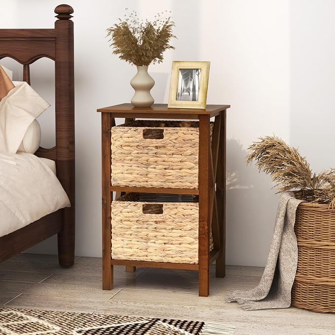 Giantex 2-Tier Nightstand with Wicker Baskets Set of 2, Wooden X-Design Side Table End Table, Beside Table with Acacia Wood Legs, Mid Century Accent Storage Cabinet for Small Spaces, Bedroom, Walnut - Image 8