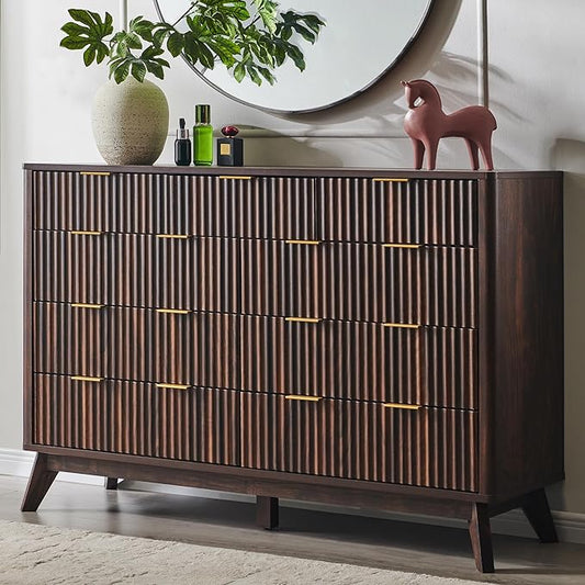 T4TREAM Fluted 9 Drawers Dresser, 54" Wide Modern Chest of Drawers, Curved Profile Design, Dresser TV Stand, Wood Drawer Organizer for Bedroom, Living Room, Hallway, Dark Walnut by T4TREAMFurniture