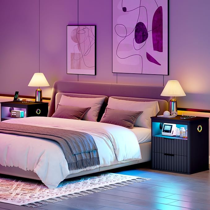 WOOVIVS Modern Nightstand Set of 2 with Fluted Design, Bluetooth Music and Sensor Charging Module, Farmhouse Bedside Table with Storage for the Bedroom, Natural (Grey-2PCS) - Image 8