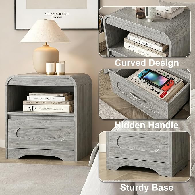 Night Stand with Drawers, Wood Nightstand, Bedside Side Table with Open Storage, Curved Corners, Hidden Handle, Modern Night Stands End Table for Bedroom Sofa Couch Office (Grey) - Image 6
