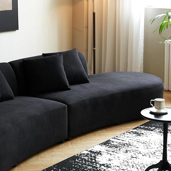 132" Curved Sofa with Throw Pillows, 6 Seater Luxury Velvet Couch with Half Moon Design and High-Density Foam, Ideal for Modern Living Room, Office & Apartment, Black