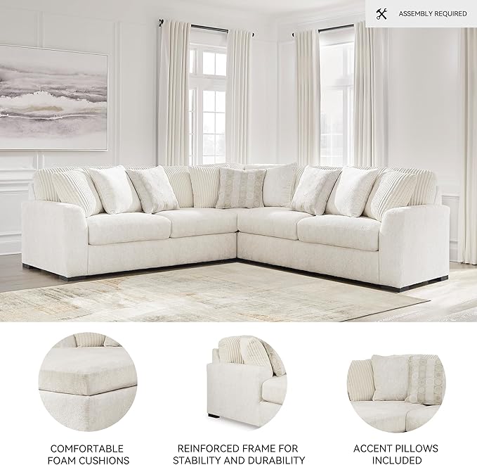 Signature Design by Ashley Chessington Modern L-Shaped Anti Sag 3-Piece Sectional with Reversible Seat Cushions and 9 Accent Pillows, White