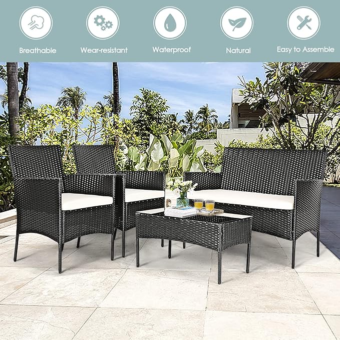 8 Pieces Patio Furniture Set, Outdoor Conversation Set with Ergonomic Curved Backrest, Patio Chair Set with Water-Resistant Cushion & Tempered Glass Table for Balcony,Porch,Poolside(Beige)