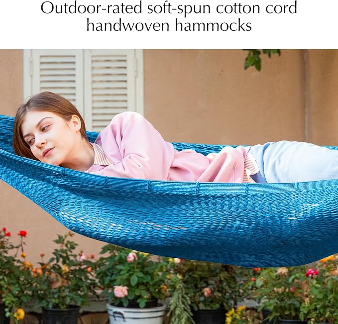 PNAEUT Handwoven Mayan Hammock, Thick Soft Rope Double Hammock for Outdoor Outside & Indoor, 600 lbs Capacity Heavy-Duty, Includes Tree Straps, Carabiners & Carrying Bag (Glacial Lake Blue, X-Large) - Image 4