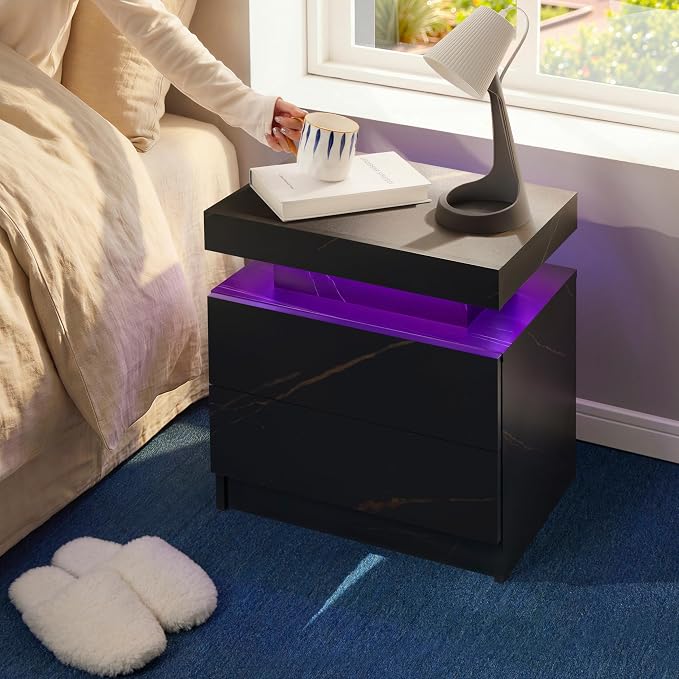 i-aplus LED Night Stand Modern Nightstands with 2 Drawers LED Bedside Tables Bedroom Night Stand - Image 5