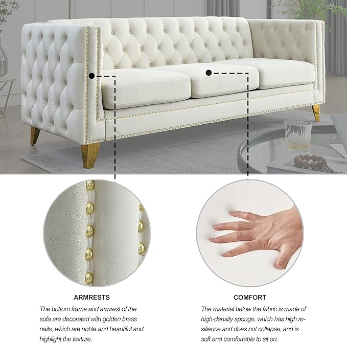 KEIKI Tufted Velvet 3 Seat Sofa Couch for Living Room, Buttons Tufted Square Arm Couch for Home Apartment, Beige