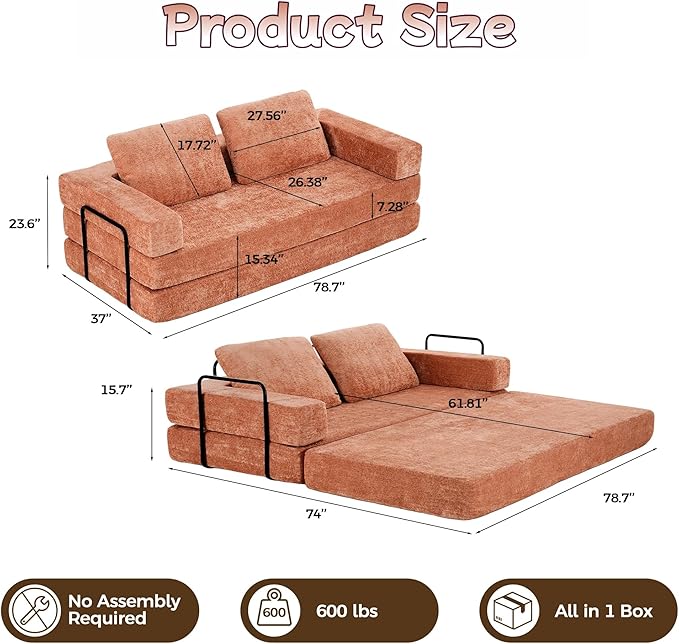 Convertible Sofa Bed, 4-in-1 DIY Combination Boneless Sleeper Sofa Bed with Pillows, Comfy Modular Couch with Fixed-Shape Frame, Chenille Convertible Lounge Couch for Living Room, Orange
