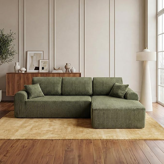 109-Inch L-Shaped Right Facing Boneless Corner Sofa 2 PCS Modular Sectional Cloud Sofa Couch with Chaise Lounge and Toss Pillow, Corduroy Boneless L-Shaped Couches