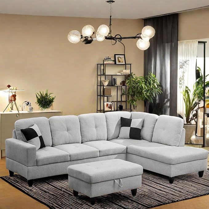 FONTOI L Shaped Sectional Couch with Otttoman, 103" Sectional Sofa for Living Room Flannel Modular Couches with Cup Holders for Bedroom, Apartments, Light Grey