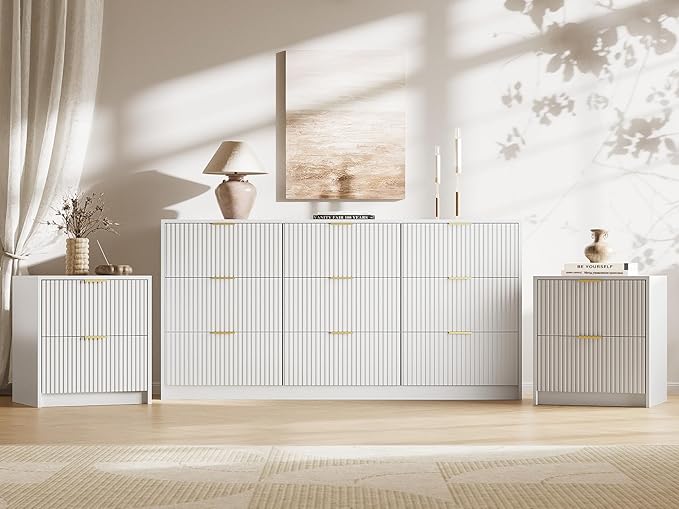 MAISONARIA 3-Piece Dresser Bedroom Set, 9 Drawer Dresser & 2 Drawer Nightstands with Gold Handles, Fluted Wood Chest of Drawers for Bedroom, Living Room, Entryway, White