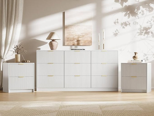 MAISONARIA 3-Piece Dresser Bedroom Set, 9 Drawer Dresser & 2 Drawer Nightstands with Gold Handles, Fluted Wood Chest of Drawers for Bedroom, Living Room, Entryway, White