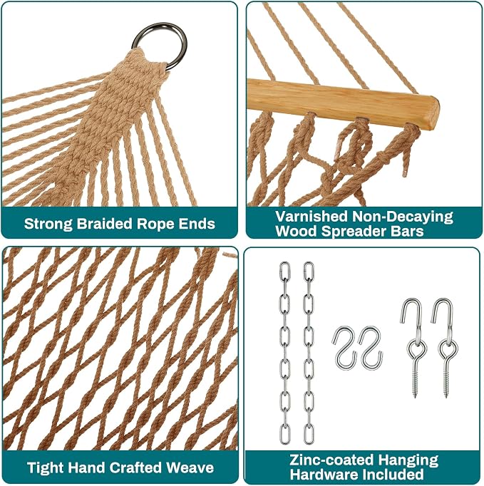 JoyView Traditional Rope Double Hammock - Hand Woven Cotton Hammock with Hardwood Spreader Bar and Pillow 450lb Capacity for Outdoor Indoor Patio Yard - Brown - Image 5