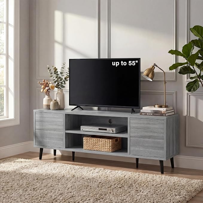 YESHOMY Mid-Century Modern TV Stand for 43-55 Inch TVs, 50 Inch Entertainment Center with Storage, Media Console with Push-to-Open Doors and Cable Management for Living Room, Bedroom (Light Gray) by SearchallYESHOMY