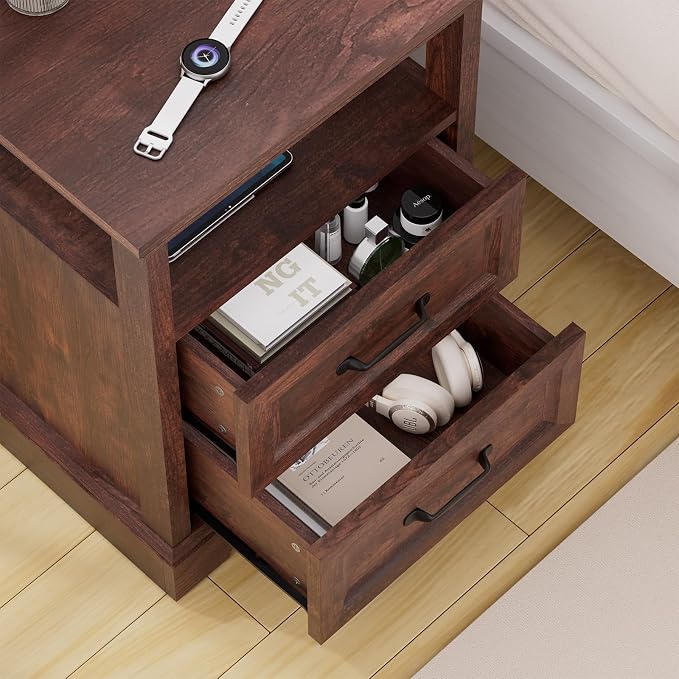 HOMMPA 18'' Farmhouse Nightstand with Charging Station, Bedside Tables with Open Shelf, 2 Drawers End Table Dresser Side Table, Wood Night Stand for Bedroom, Maroon Brown - Image 6