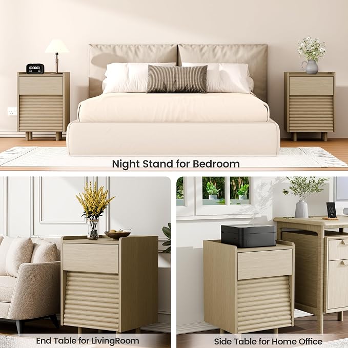 Wooden Night Stand with LED Light Set of 2, Modern Mid-Century Side Table, 2-Drawer Bedside End Table with Solid Wood Legs for Bedroom, Dorm and Small Spaces, Oak - Image 9