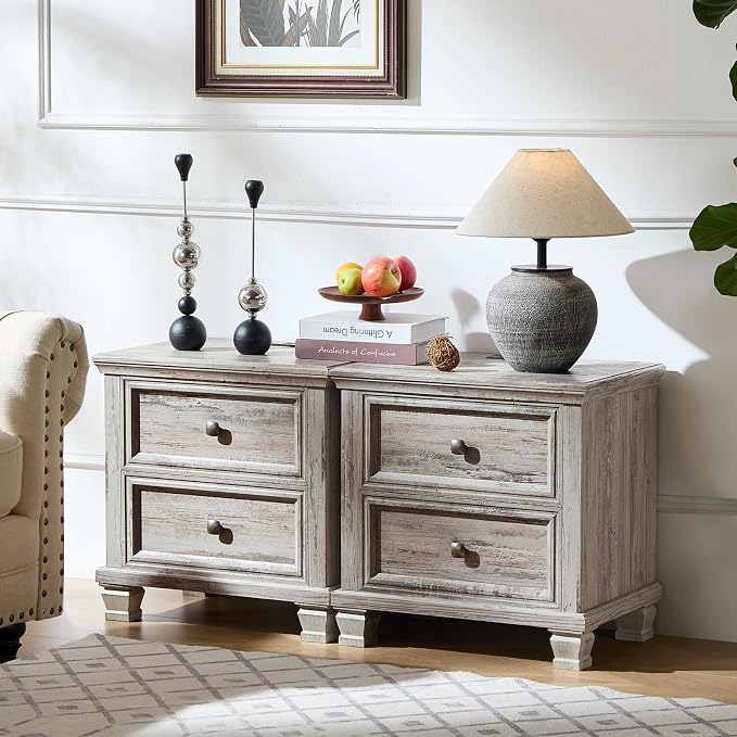 SAVOR LIFE Farmhouse Nightstand with Charging Station, Rustic Low Night Stand with 2 Drawers, Mid-Century Modern End Table with 4 Square Solid Wood Legs, Small Vintage Dresser for Bedroom, Home, Grey - Image 7