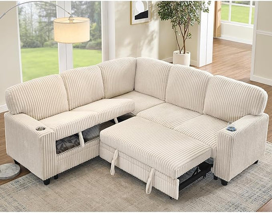 KEIKI 81" L-Shaped Oversized Corduroy Modular Sectional Sleeper Sofa with Pull-Out Bed, Storage Seat, Modern 5-Seater Upholstered Couch Bed with Charging Station, Easy Assembly, for Living Room, Beige