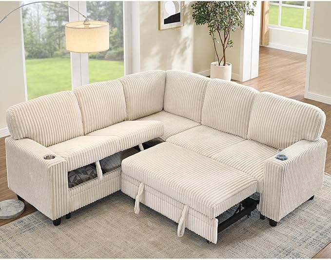 ERYE L-Shaped Symmetrical Sleeper Sectional Sofa W/Pull Out Sleeper Couch Bed and Storage Seat for Living Room, Corduroy Tufted Corner Convertible Sofa Bed with USB-C Ports
