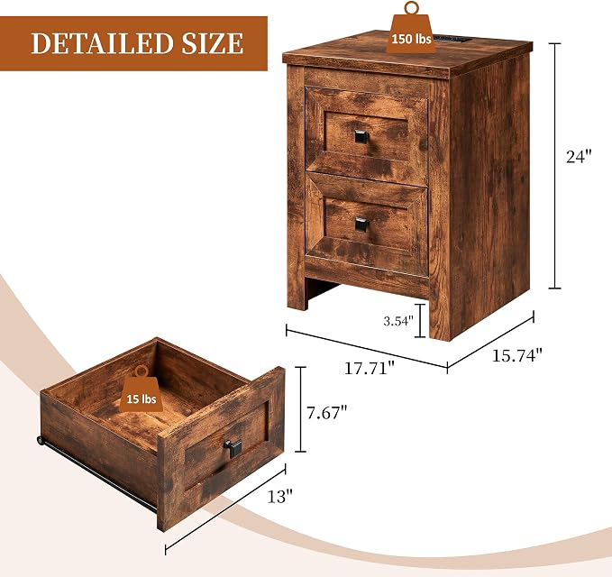 AMERLIFE Nightstand Set of 2 with Charging Station, Rustic Bedside Table with Drawers Storage, Farmhouse Wood Night Stand for Bedroom, Rustic Brown - Image 2