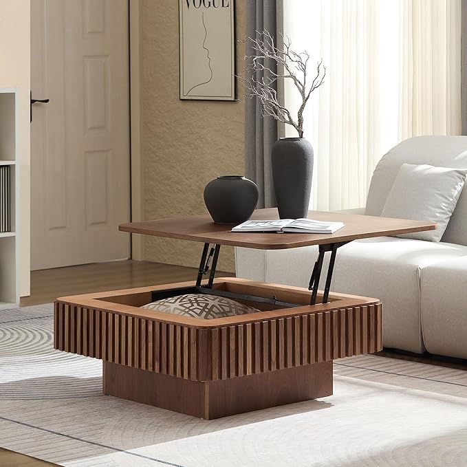 WILLIAMSPACE 35.43" Lift Top Coffee Table with Hidden Storage & Sturdy Base, Modern Luxury Square Wood Handcraft Drum Center Table Accent End Tea Table for Living Room, Minimalist Fluted Design-Walnut