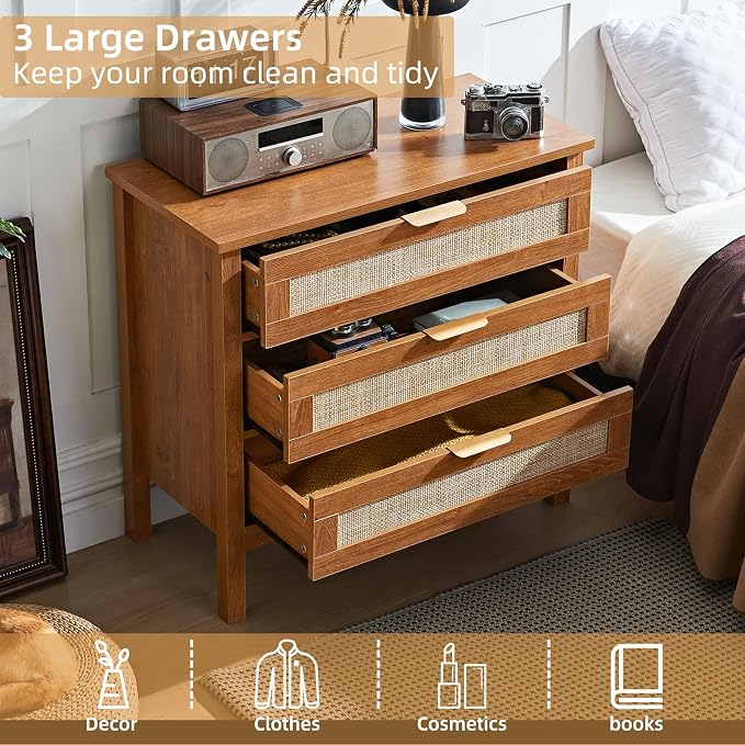 LEYAOYAO 31.5" Wide Rattan Nightstand, Large Boho 3 Drawer Night Stand, Tea Brown Bedside Table with Storage, Tall Bed Side End Tables, Chest of Drawers Dressers for Bedroom, Living Room, Hallway - Image 5