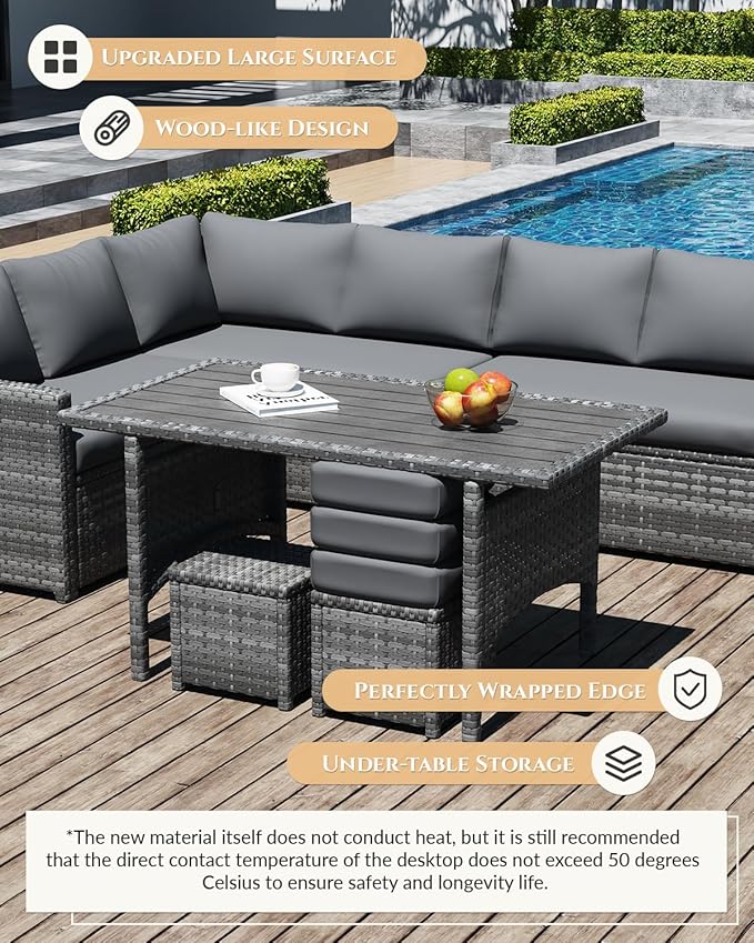 U-MAX 7 Pieces Patio Furniture Set, Outdoor Sectional Sofa Conversation Set, All Weather Wicker Rattan Dining Table & Chair with Ottoman, Grey Rattan&Grey Cushion