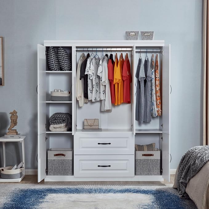4 Doors Classic White Large Freestanding Wardrobe Armoire Wooden Closet Cabinet with Hanging Rod & Shelves Bedroom Clothes Storage Bathroom Wood Organizer(20.5" D x 63" W x 71.0" H)