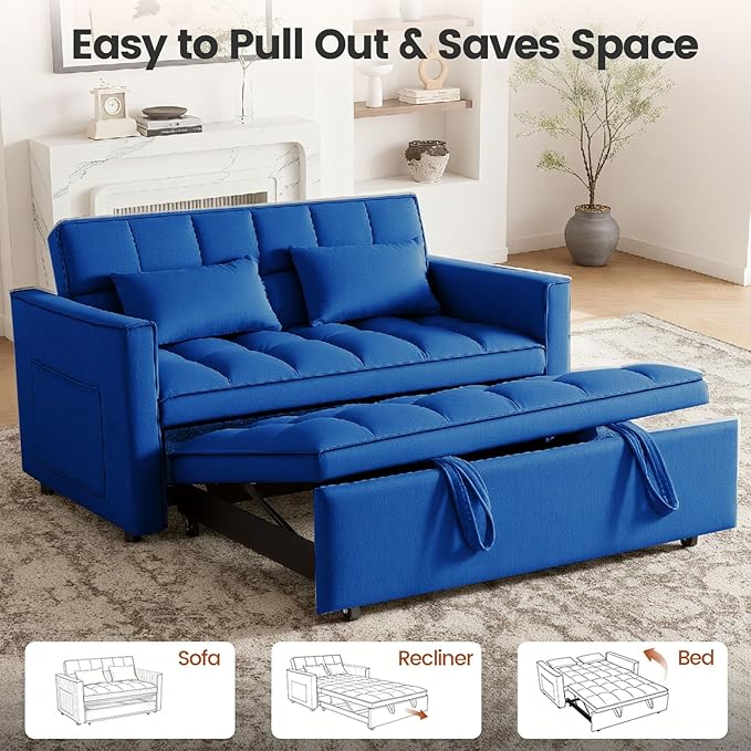 3 in 1 Convertible Sofa Bed, Love Seat Sleeper Bed with Side Pockets, Velvet Fabric Pull Out Couch with Adjustable Backrest for Living Room, Bedroom, Apartment, Blue