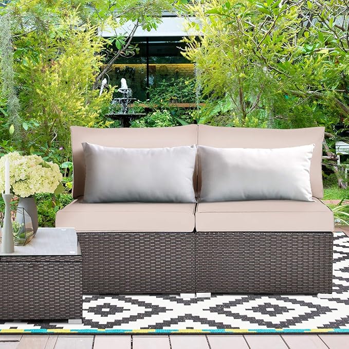 Tangkula 2 PCS Outdoor Wicker Armless Sofa, Patio Rattan Sectional Sofa Set w/2 Thick Seat Cushions and 2 Back Cushions, Additional Seats for Balcony Garden Patio Poolside (Black)
