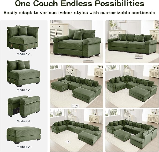KEIKI 79" L-Shaped Oversized Corduroy Modular Cloud Sectional Sofa with 1 Ottoman, High-Density Foam Cushion, Extra-Thick Armrest, 3-Seater Fluffy Corner Couch with 10 Pillow, for Living Room, Green