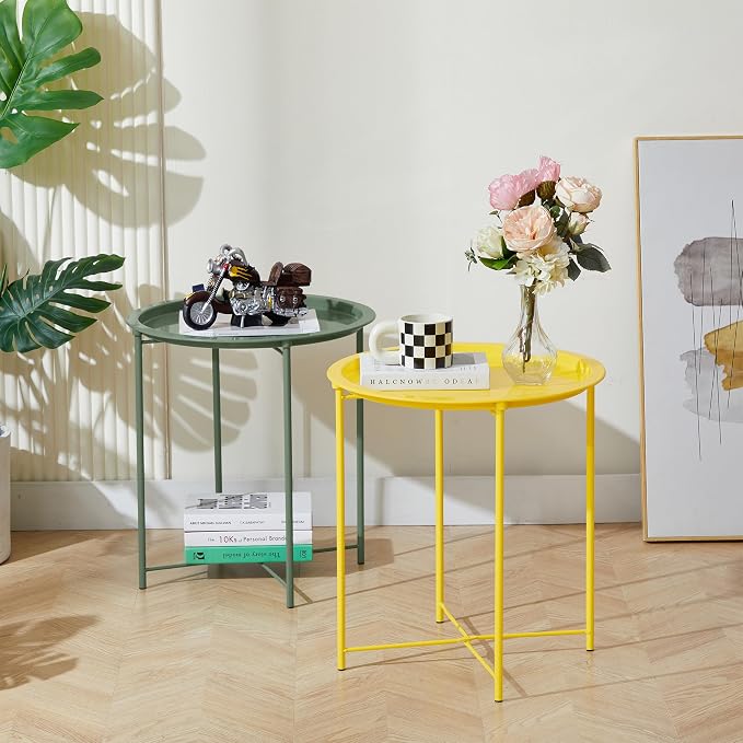 VECELO Side/End Table, Folding Round Metal Anti-Rust and Waterproof Outdoor or Indoor Tray for Living Room Bedroom Balcony and Office, 2 PCS, Yellow - Image 4