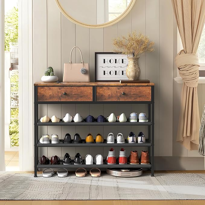usikey Shoe Rack, 4 Tier Shoe Storage Organizer with 2 Drawers, Metal Shoe Shelf for 12-15 Pairs of Shoes, with 3 Oxford Fabric Shelves and Wooden Top, Shoe Stand for Entryway, Rustic Brown UNYXJX008F - Image 2