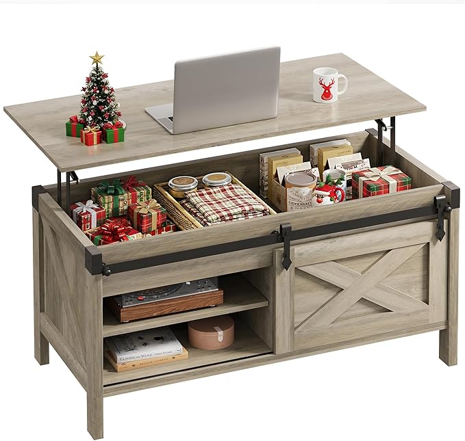 WLIVE Lift Top Coffee Table, 39.4" Farmhouse Coffee Table with Large Hidden Storage Compartment, Sliding Barn Doors, Modern Wood Center Table for Living Room, Office, Grey