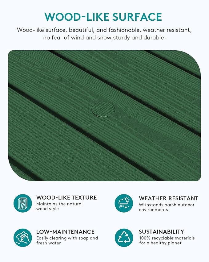 SERWALL Outdoor Coffee Table with 1.69" Umbrella Hole, HDPE Patio Coffee Table for Outside, Rectangle, Green - Image 4