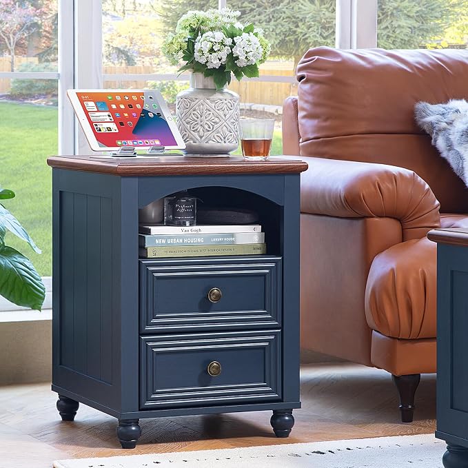 RWYHG 18" Farmhouse Night Stand Set of 2 with Charging Station, Wood Blue Nightstand with 2 Drawers, Bedside End Table with Shelf Storage, Bed Side Tables for Bedroom, Living Room, and Closet - Image 4