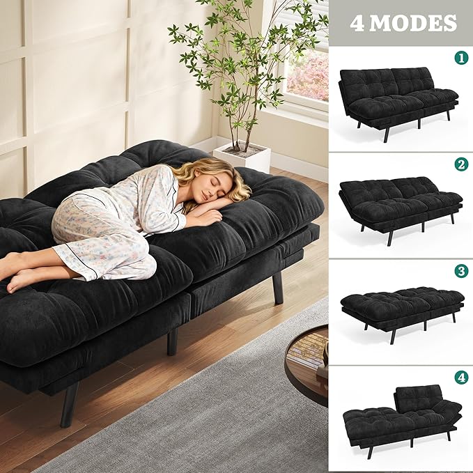 DWVO Sofa Bed with 3-Position Adjustable Backrest & Armrests, Upholstered Loveseat Couch Bed, Expandable Foldable Design for Living Room, Bedroom, Black