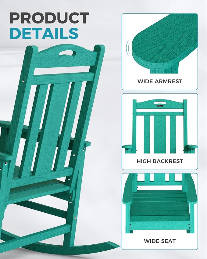Ciokea Oversized Outdoor Rocking Chairs Set of 2, 380lbs Heavy-Duty Large Patio Rocker, High Back Cozy Porch Chairs, Weather Resistant Patio Rocking Chairs for Outside, Fire Pit, Deck, Aruba Blue - Image 4