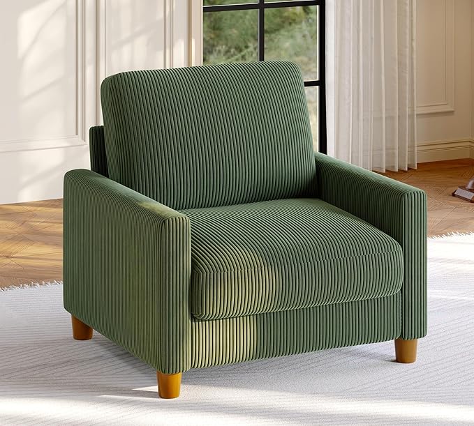35.3" Couches for Living Room, Comfy Green Couch Single with 22.5" Deeper Seat, Accent Chair Tool-Free Setup, Reading Chair 440lbs Support, Corduroy Couch for Bedroom, Apartment, Office
