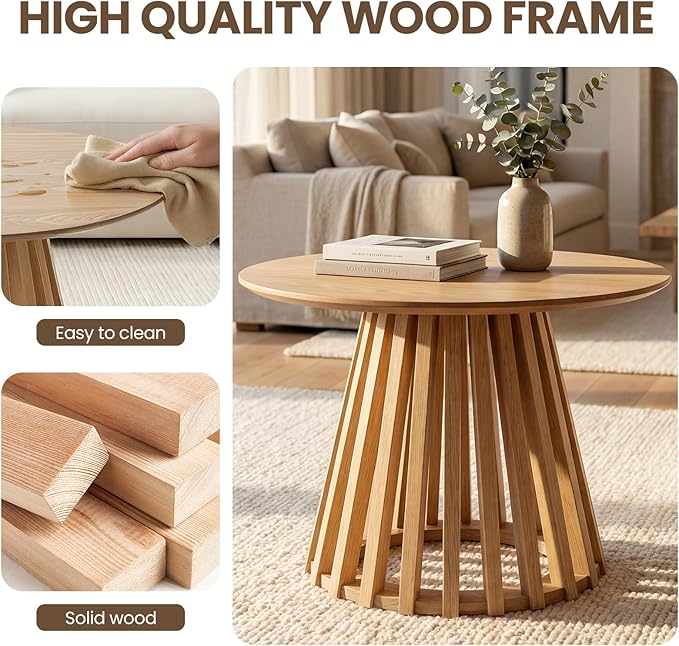 DUOMAY Modern Round Coffee Table with Unique Geometric Base, Sleek White Wood Accent Table for Living Room Office Lounge, Natural Wood Color