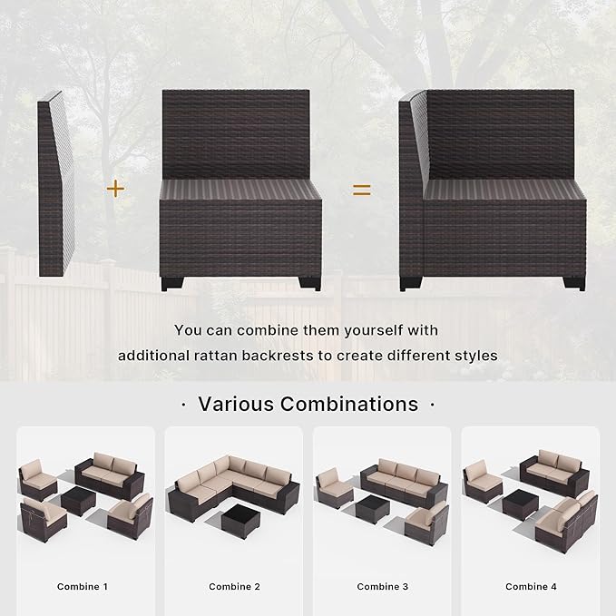 Gotland 7 Pieces Patio Furniture Set with 55000BTU Fire Pit Table, Wicker Patio Set with Wide Armrests 29.5'' High Backrest Thick Cushions 1 Coffee Table, Outdoor Furniture for Porch Deck Khaki