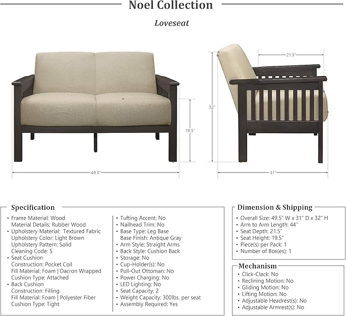 Lexicon Noel 49.5" W Fabric Living Room Sofa Loveseat, Brown