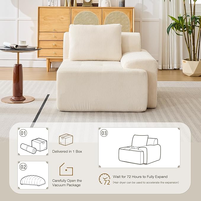 Modular Sectional Sofa, Boneless Couches for Living Room, Corduroy Couch, Big Comfy Couch, Modular Cloud Sofa with Deep Seat (White, 1 Piece-Right Armchair)