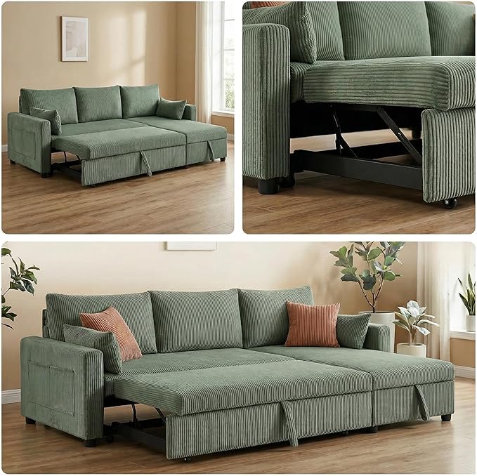Casaphoria 85" Corduroy Sleeper Sofa with Pull Out Bed & Storage Chaise, L-Shaped Sectional Couch for Small Apartment, Living Room & Guest Room, 3-Seat Convertible Sofa Bed, Olive Drab