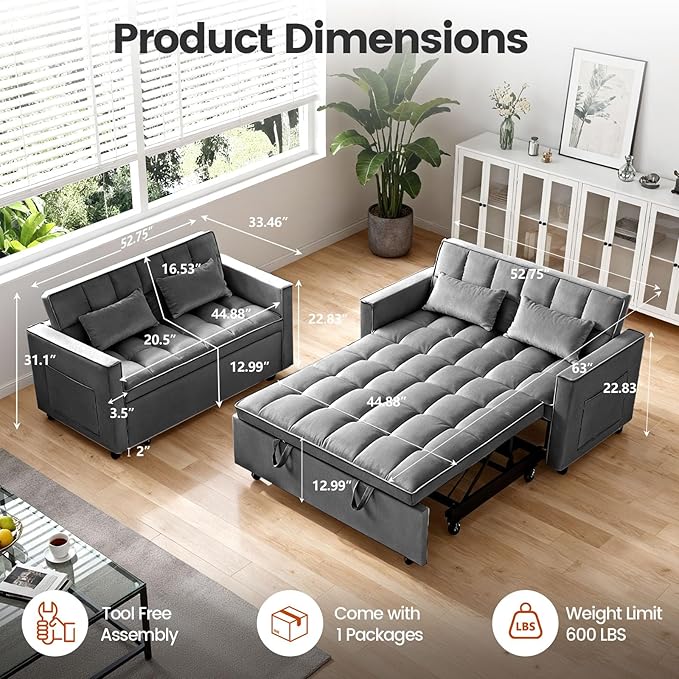 3 in 1 Sofa Bed, Love Seat Sleeper Bed with Side Pockets, Velvet Fabric Pull Out Couch with Adjustable Backrest for Living Room, Bedroom, Gray Apartment, Gray