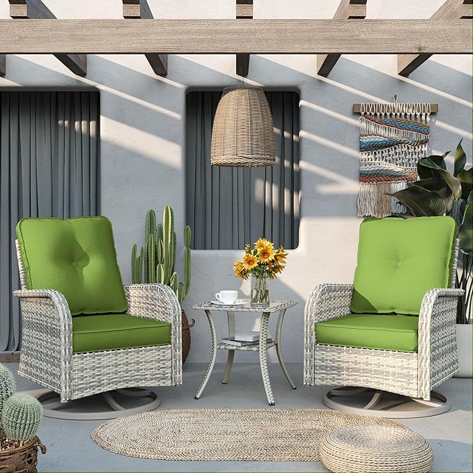 Patio Rocking Swivel Chair Outdoor Wicker Rattan Bistro Set with Tempered Glass Side Table, Outdoor Patio Furniture Set for Garden, Deck, and Balcony, Avocado Green