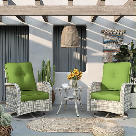 Patio Rocking Swivel Chair Outdoor Wicker Rattan Bistro Set with Tempered Glass Side Table, Outdoor Patio Furniture Set for Garden, Deck, and Balcony, Avocado Green