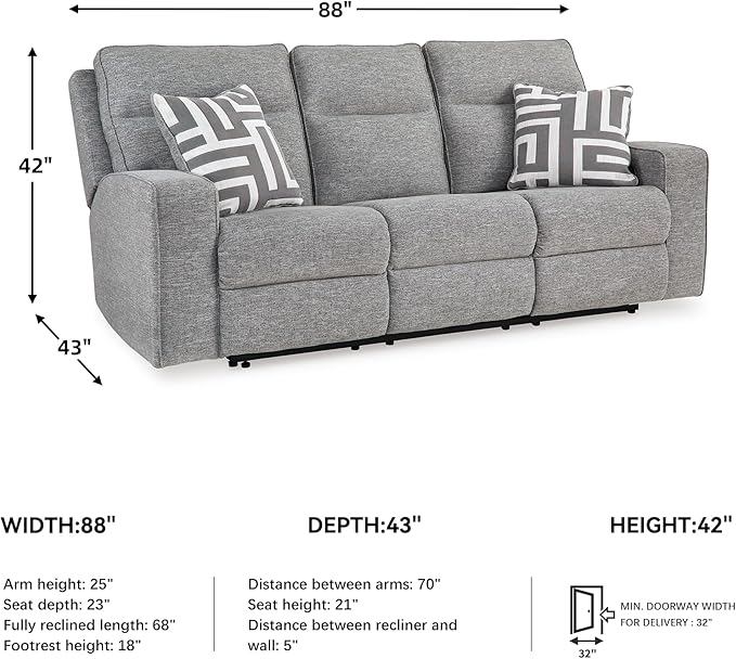 Signature Design by Ashley Biscoe Power Reclining Sofa, Easy View Headrest & Zero-Gravity Recline, Next-Gen Nuvella Polyester, Extended Ottoman, 88" Living Room Seating