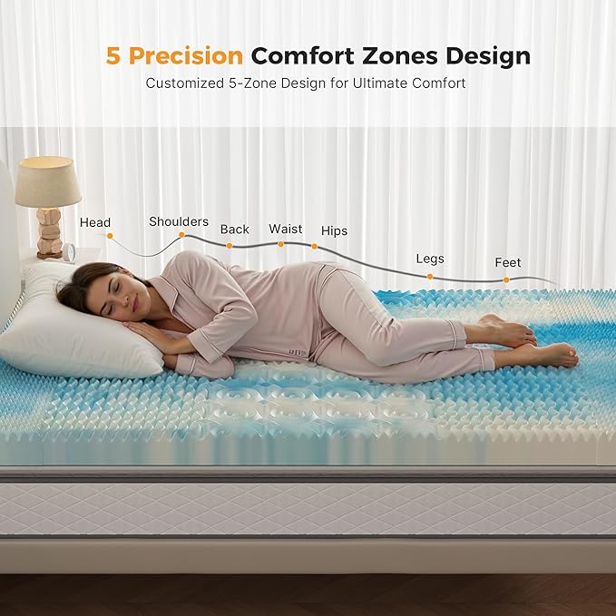4 Inch 5-Zone Cooling Gel Memory Foam Mattress Topper Full, Pressure Relief for Back & Hip Pain, Soft Reversible Pad for Dorm RV Camping, CertiPUR-US Certified, Blue