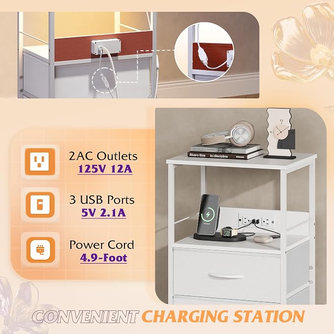 WLIVE White Night Stand Set of 2 with Charger Station, LED Nightstand with 2 Fabric Drawers and Storage Shelf, Bedside Tables with 3 USB Ports and 2 Outlets, Small Dresser for Bedroom,Small Space - Image 5