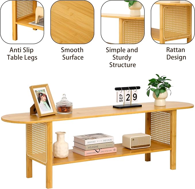 Bamboo TV Stand for TVs up to 65", Accent Entertainment Center with Storage, Media Console Table with Rattan, Modern TV Stand for Living Room, Bedroom, 55"(L), Burlywood - Image 6